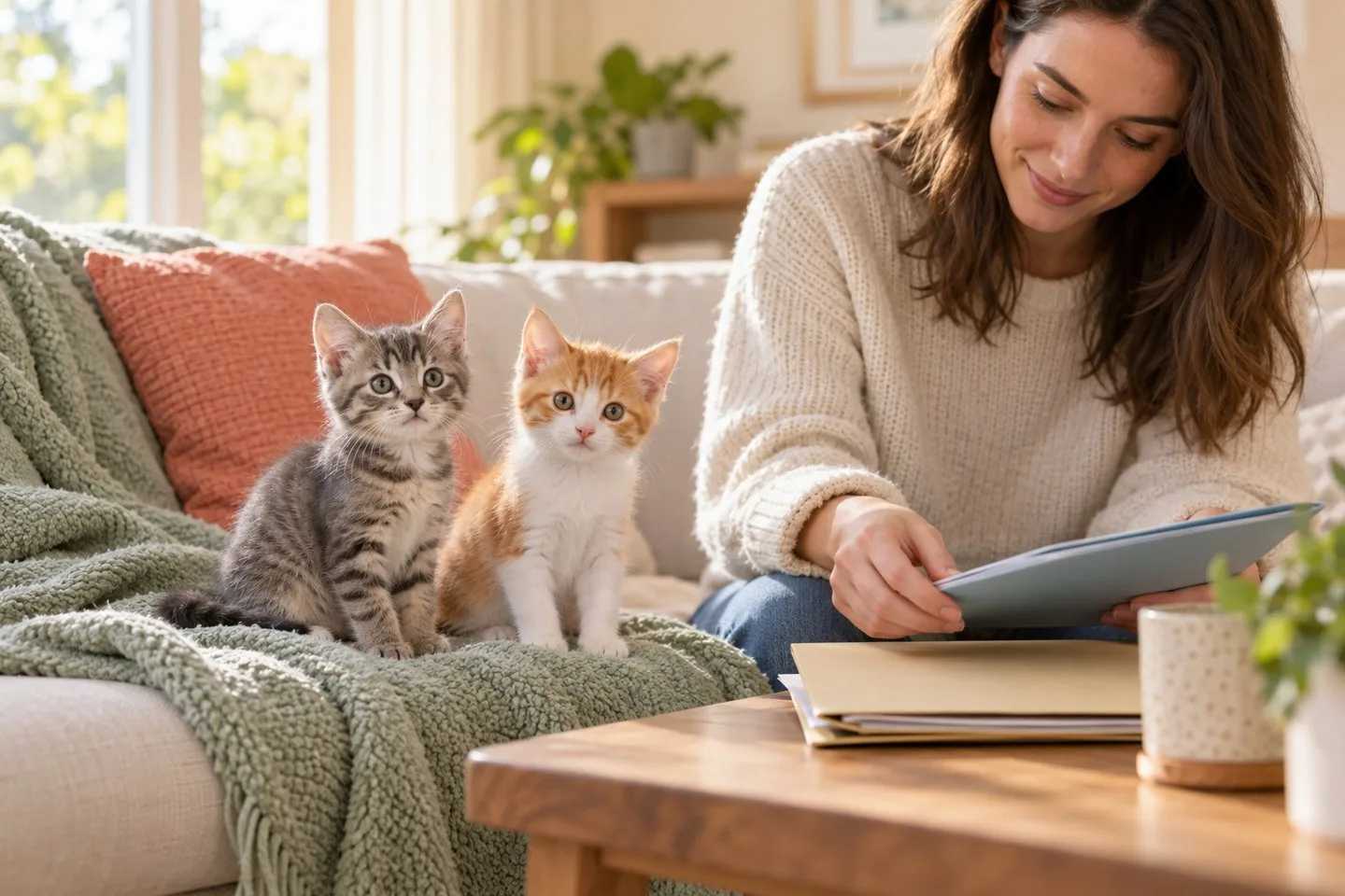 Two kittens beside an owner reading a folder at home